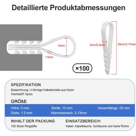 Plug-In Loop Anchors Pack of 100 Cable Clamp Clamping Range 3-13 mm U-shaped Nylon Dowel Clamp Plug Tabs for Cable Attachment White