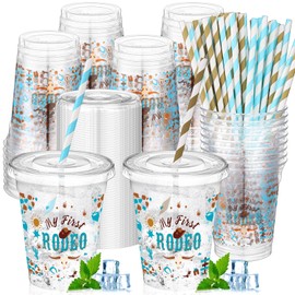 Jingmore 50 Pcs First Rodeo Birthday Party Disposable Plastic Cups 12 oz with Lids Straws Western Cowboy Themed Birthday Party Supplies Plastic Tumbler for Girl Boy Baby Shower Table Decor Favors