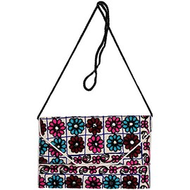 Exotic India Clutch Bag from Jaipur with Crewel Embroidered Flowers and Mirrors - Color Snow Whitecolor One Size fits Most