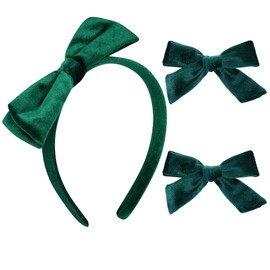 Haakong Dark Green Velvet Bow Headband with Velvet Hair Bows Set Christmas Headband Women Alligator Clips Back to School Hair Accessories (Green, One Size)