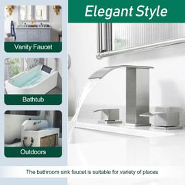 VOTON Waterfall Bathroom Faucets Brushed Nickel, Widespread Bathroom Sink Faucet 3 Hole with Drain Assembly, 8 Inch Modern Vanity 2-Handles Faucet