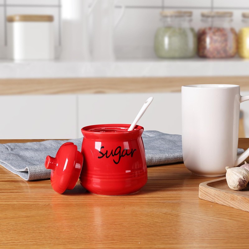 ONTUBE Ceramic Sugar Bowl with Lid and Spoon 12oz (Red)