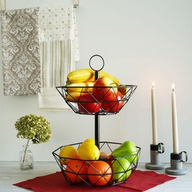 VILDE Metal Fruit and Vegetable Basket | Storage Basket | Fruit Stand 2-Tier | Geometric LOFT Style | Black Industrial Bowl