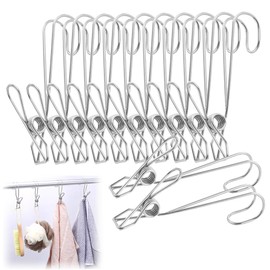 12Pcs Stainless Steel Metal Long Tail Clip with Hooks，Clips for Hanging- Ideal for Closet, Kitchen, Bathroom - Hang Photos, Cards, Stockings - Rust-304 Stainless Steel Clothes Pins