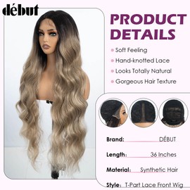 DÉBUT Long Wavy Synthetic Lace Front Wigs Ombre Dark Blonde Body Wave 36 Inches 13x4 Middle Part Wig Slight Pre Plucked Hairline with Baby Hair Dirty Blonde Color