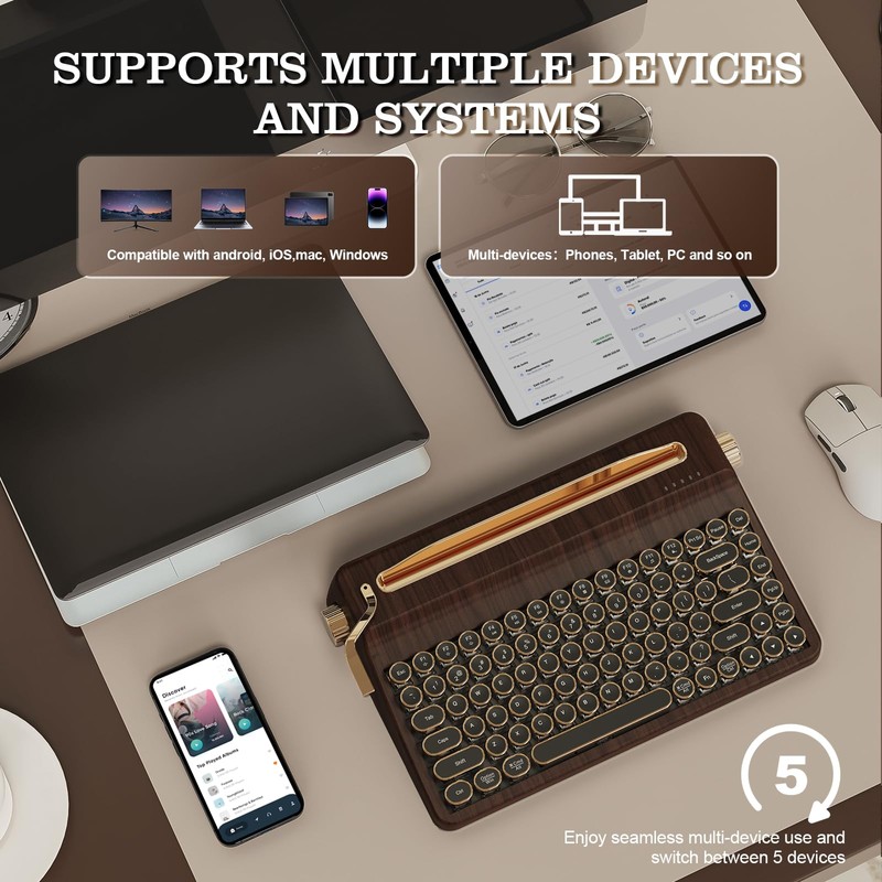YUNZII QL75 Wireless Typewriter Hot Swap Retro Mechanical Keyboard,Punk Round