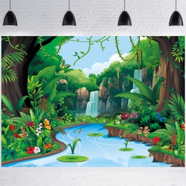 LTDKAEN 7x5ft Tropical Jungle Animal Forest Backdrop Wild Animals River Rainforest Trees Photography Background Party Decorations Banner Studio Props