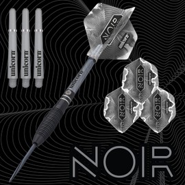 ‎Unicorn Steel Tip Professional Darts Set | Noir Style 1 | 90% Tungsten Barrels with Black Titanium Coating & Black Volute Points | 23 g