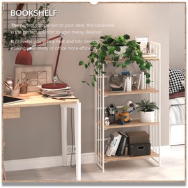 4NM No-Assembly 4 Tiers Folding Bookshelf Storage Shelves Vintage Bookcase Standing Racks Study Organizer Home Office - Natural and White
