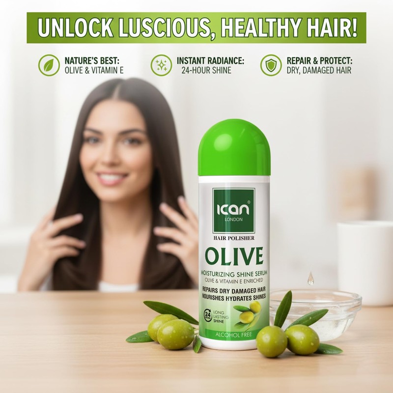ican London Hair Polisher Olive Moisturizing Shine Serum Alcohol Free