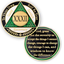 32 Year AA Medallions Sobriety Coin - Alcoholics Anonymous Chips - Thirty Two Year Coins - Green White Black Token