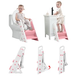Primlect Potty Training Seat, Upgrade Foldable Step Stool for Bathroom, Toddler Toilet Attachment, Adjustable Height, Handles on Top of The Ladder, Easy to Carry and Climb, Boys and Girls 1-3 （Pink）