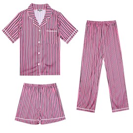 Jxstar Girls 3pcs Pajamas Set Silk Satin Short Sleeve Sleepwear Button Down Loungewear Pjs Nightwear Size 10 11 Red and Black Stripes
