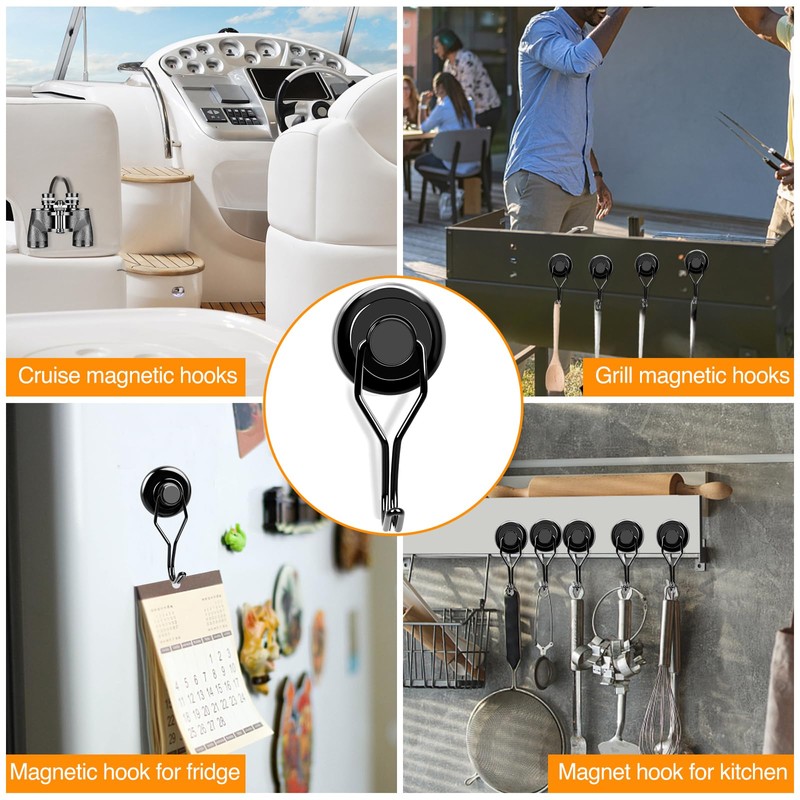MIKEDE 120 LBS Black Magnetic Hooks, 6 Pack Swivel Swing