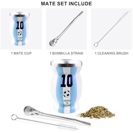 Argentina Captain No.10 Mate Cup Set, 2026 International Soccer Gifts, Double-Wall Stainless Steel Traditional Yerba Mate Cup Set, Spoon Straw & Cleaning Brush