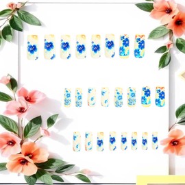 Flower Press on Nails Long Ballet Shaped Blue Floral Pattern Design Full Cover Glossy Acrylic Artificial Fingernails Press Ons Blossom Stick on Nail 24Pcs Reusable Glue on Nails for Women Manicure