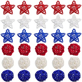 STMK 30 Pcs 4th of July Rattan Balls Decoration, 2.36 Inch Star Shaped Wicker Balls & 2 Inch Red White and Blue Wicker Balls for 4th of July Home Decor DIY Vase Bowl Filler Ornament Table Decorations