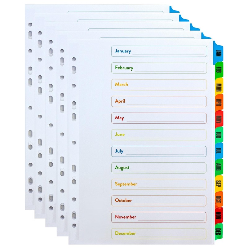 5 Pack | A4 Jan-Dec Monthly Subject File Dividers 12