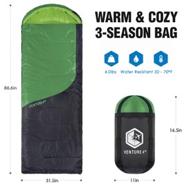 VENTURE 4TH 3-Season Backpacking Sleeping Bag, Camping Sleeping Bags for Adults & Kids - Lightweight, Comfortable, Water Resistant, Ideal for Hiking, Camping & Outdoor - Green/Gray
