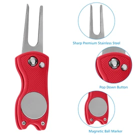 Metal Foldable Golf Divot Repair Tool with Pop-up Button, Magnetic Durable Golf Ball Marker (Red)
