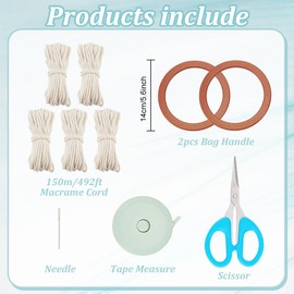 WEBEEDY DIY Macrame Bag kit for Adults Beginners Boho Handbag Making Set Tote Bag with Wooden Bag Handles and Instruction,DIY Macrame Purse Kit for Women Holiday Summer Beach Decor Gift (Beige)