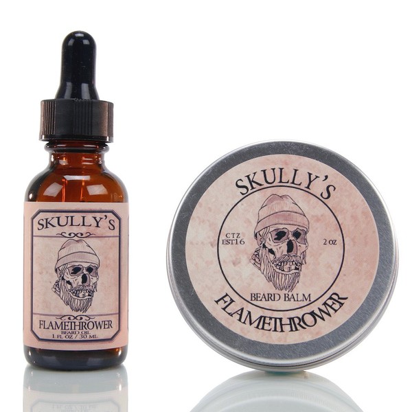 Skully's Beard Oil: Beard Oil 1 oz. & Beard Balm 2 oz. - Flamethrower - Cinnamon Scented - Premium Beard and Skin Care with Jojoba Oil & Argan Oil - Beard Itch, Dry Skin Relief - Handcrafted with All-Natural Ingredients