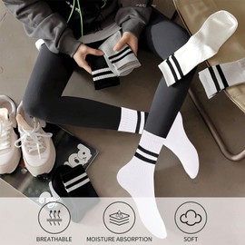 3 Pairs Solid Color Two Stripe Crew Socks Casual Athletic Socks Vintage Retro Running Cotton Socks for Women Girls (CA/US, Alpha, One Size, Regular, Regular, A 3 Pairs - Black+White+Pink)