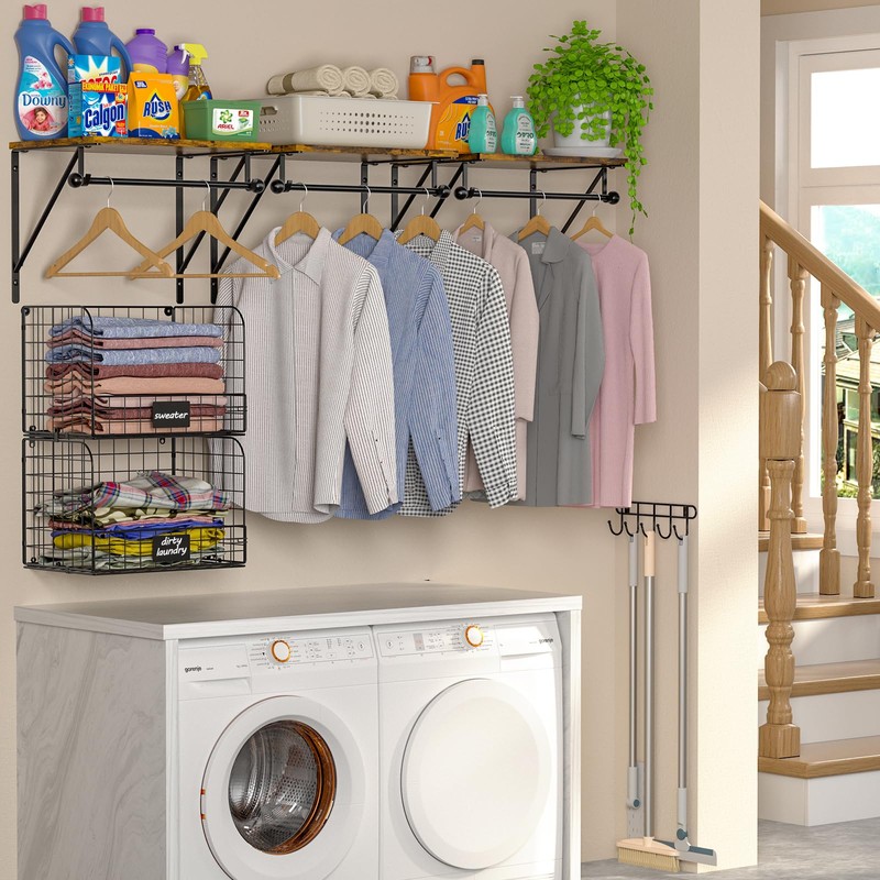 Laundry Room Shelves Wall Mounted with Wire Baskets, Over the