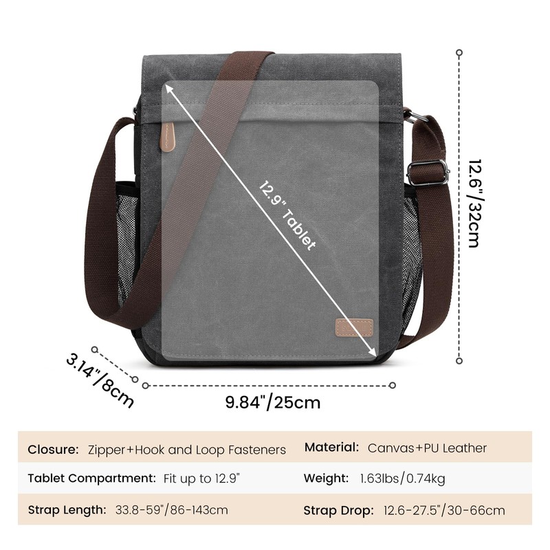 S-ZONE Medium Messenger Bag with 12.9 Inch Tablet Compartment Men