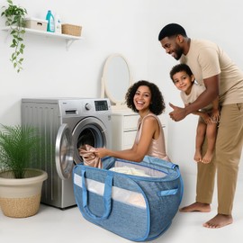 Upgraded 100L Extra Large Mesh Pop Up Laundry Hamper with Lid and Handles. XL Closet Storage Bins, Dirty Clothes Basket for Dorm Home, Foldable Laundry Basket. Blue. H