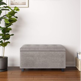 SIMPLIHOME Cosmopolitan 34 inch Wide Rectangle Lift Top Storage Ottoman in Upholstered Distressed Grey Taupe Tufted Faux Leather for the Living Room, Bedroom and Kids Room