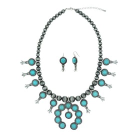 Turquoise Stone Squash Blossom Pendant Bib Statement Faux Navajo Pearl Long Necklace 24 Inch and French Hook Earrings (Turquoise)
