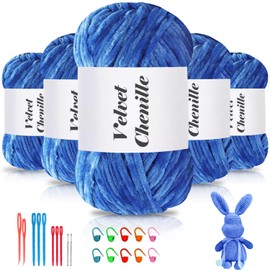 Maxee 500 g (5 x 100 g) Velvet Baby Wool, Velvet Chenille Yarn with Crochet Tools, Cuddly Soft Velvet Chenille Yarn, Fluffy, Soft Plush Wool, Crochet Yarn Wool for Knitting and Crochet, Sapphire Blue