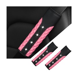 BELOMI 2PCS Bling Car Seat Belt Covers, Leather Vehicle Shoulder Pad Cushions, Sparkling Rhinestone Auto Seatbelt Strap Protective Covers for Women Girls, Universal for Most Cars（Pink）