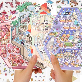 4 Sets3D Fun Mini House Scene Stickers with Tweezers Make Your Own Mini Cafe House Video Game City Castle Stickers Scenes Cute Mini Room Craft Sticker for Relief Stress Pass The Time(Big Size)
