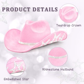 Keilin Rhinestone Cowgirl Hat Disco Cowboy Hat Felt Western Nashville Bachelorette Party Hat for Teens and Adults (Pink, 6 3/4-7 3/8)