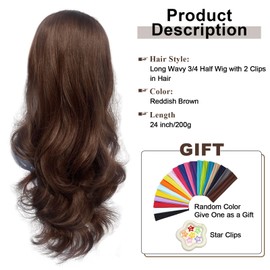Half Wig Long Wavy Reddish Brown Wig 3/4 Full Head Curly Half Wigs Clips in on Synthetic Hair Extensions Hairpieces for Women Quick Weave Self Styled in 60 Seconds Half Wigs