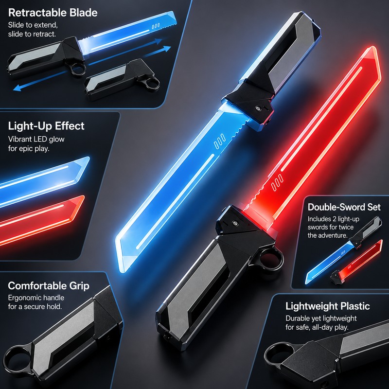 Double-Blade Retractable Light-Up Sword Toy – Extendable Plastic Role-Play Prop