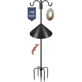 Gtongoko Bird Feeder Pole Squirrel Proof, 108 Inch Double Shepherds Hook for Outdoor with Squirrel Baffles Adjustable Heavy Duty with 5 Prongs Base for Hanging Plants, Bird Feeders, Black