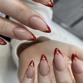 Red French Tip Press on Nails Almond Medium Fake Nails Nude Artificial False Nails with Designs Gold Star Glossy Glue on Nails Full Cover Nude Stick on Nails for Women Manicure 24 Pcs