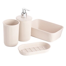 Eco-Friendly Decorative Plastic Bathroom Accessories Set, (Set of 4) Soap Dish, Liquid Dispenser, Toothbrush Holder Cup, Vanity Organizer Tray - Bath Accessory Countertop Decor Gift - Ribbed Design