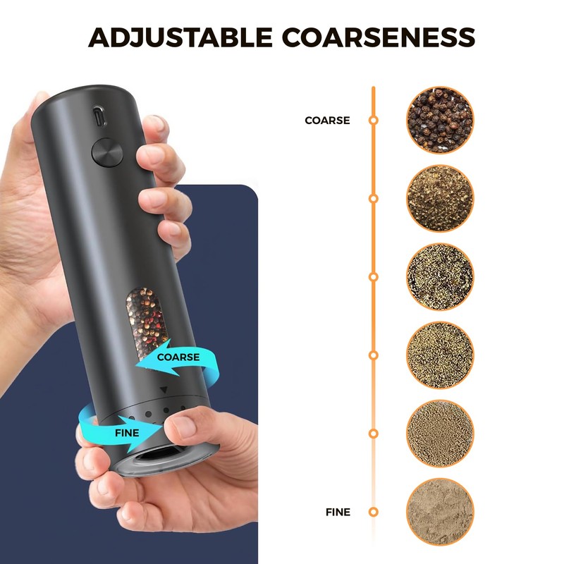 Pepper Grinder, Electric Salt and Pepper Mill Grinder, Adjustable Coarseness,