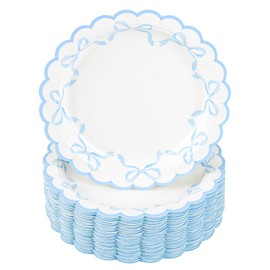 Elyxio 48Pcs Blue Bow Paper Plates Coquette Disposable Party Plates Scalloped Bowknot 7" Dessert Plate for Birthday Bridal Baby Shower Tableware Supply Table Decor