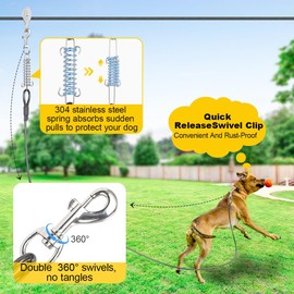 SIVEIS Dog Runner for Yard, 50FT Overhead Dog Zip Line Trolley System, 10FT & 16FT Tie Out Cables for 1 or 2 Small to Medium Dogs, Self-Locking Tensioner, Outdoor Dog Run Cable, Up to 50 lbs Total