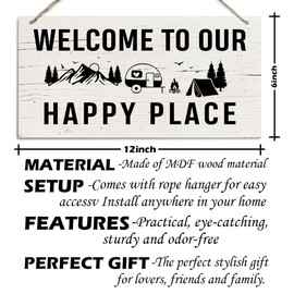 Happy Campers Wood Hanging Sign Plaque, Summer Outdoor Adventure Quote Wooden Door Hanger, Tent Camping Wall Art for Campers Travel Home Garden Decor