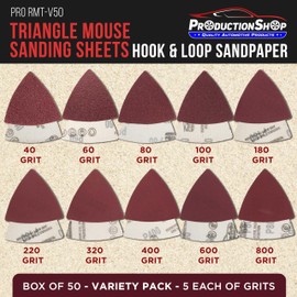 ProductionShop Premium Triangle Mouse Detail Sander Sandpaper Sheets, 50 Disc Variety Pack, Grits 40, 80, 100, 120, 180, 220, 320, 400, 600, 800 - Hook & Loop Disc Pads - Woodworking Furniture, Paint