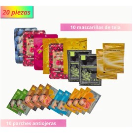 Lote Skin Care 20 Pz Mascarillas Faciales + Parches Antiojeras – Hidratación y Rejuvenecimiento Facial