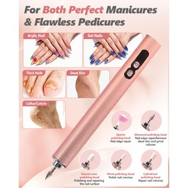 Electric Nail Drill for Acrylic Nails, 13600 RPM Cordless Nail Dremel with 3 Speed Settings, Portable E-File for Thick Toe Nails, Rechargeable Grinder for Gel Polish Removal, Pink