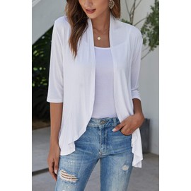 Bluetime Women's Summer Open Front 3/4 Sleeve Lightweight Cardigans Ruffles Solid Short Kimono Cardigans (M,White)