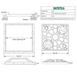 Natotela 20x20 Anti-theft Manhole Cover with 2 Pipe Holes, Lockable FRP Manhole Cover and Frame Size 24x24, Recessed Square Septic Tank Lid and Base with Handles,Non-slip Reinforced Steel Sewer Cover